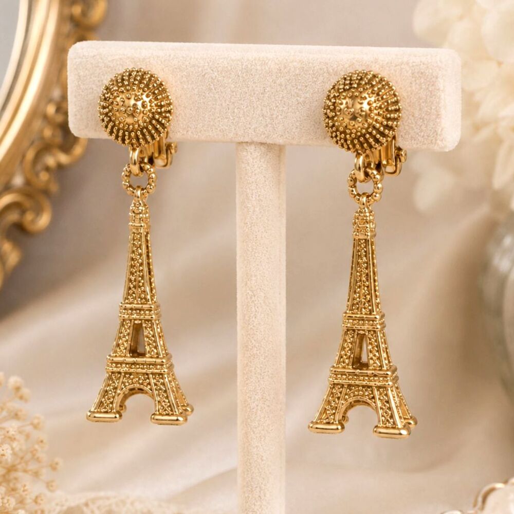 Vintage Gold Tone Eiffel Tower Clip On Drop Statement Earrings